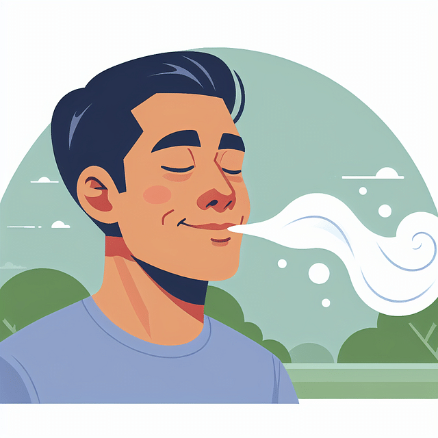 a person exhaling a smooth stream of vapor contentedly