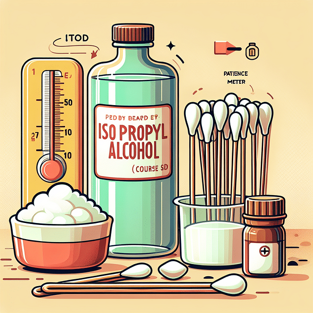 cartoonish illustration of isopropyl alcohol, coarse salt, cotton swabs, and a patience meter