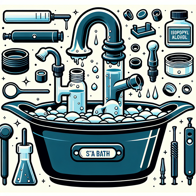 dab rig parts soaking in a stylized isopropyl alcohol spa bath