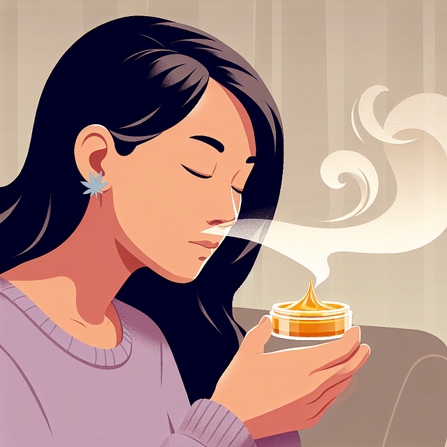 person smelling a wax dab with visible aromatic waves