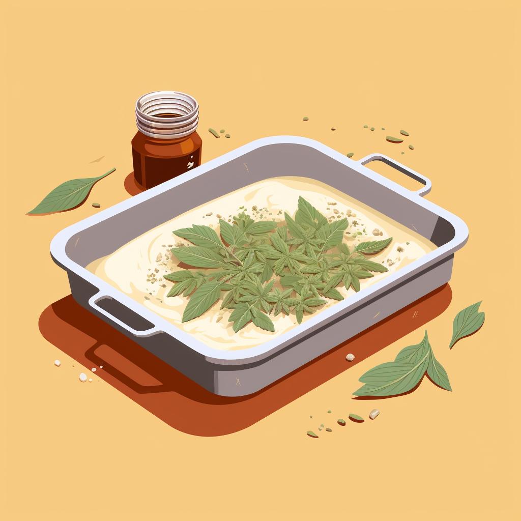 A baking dish with parchment paper and cannabis concentrate being placed in the oven